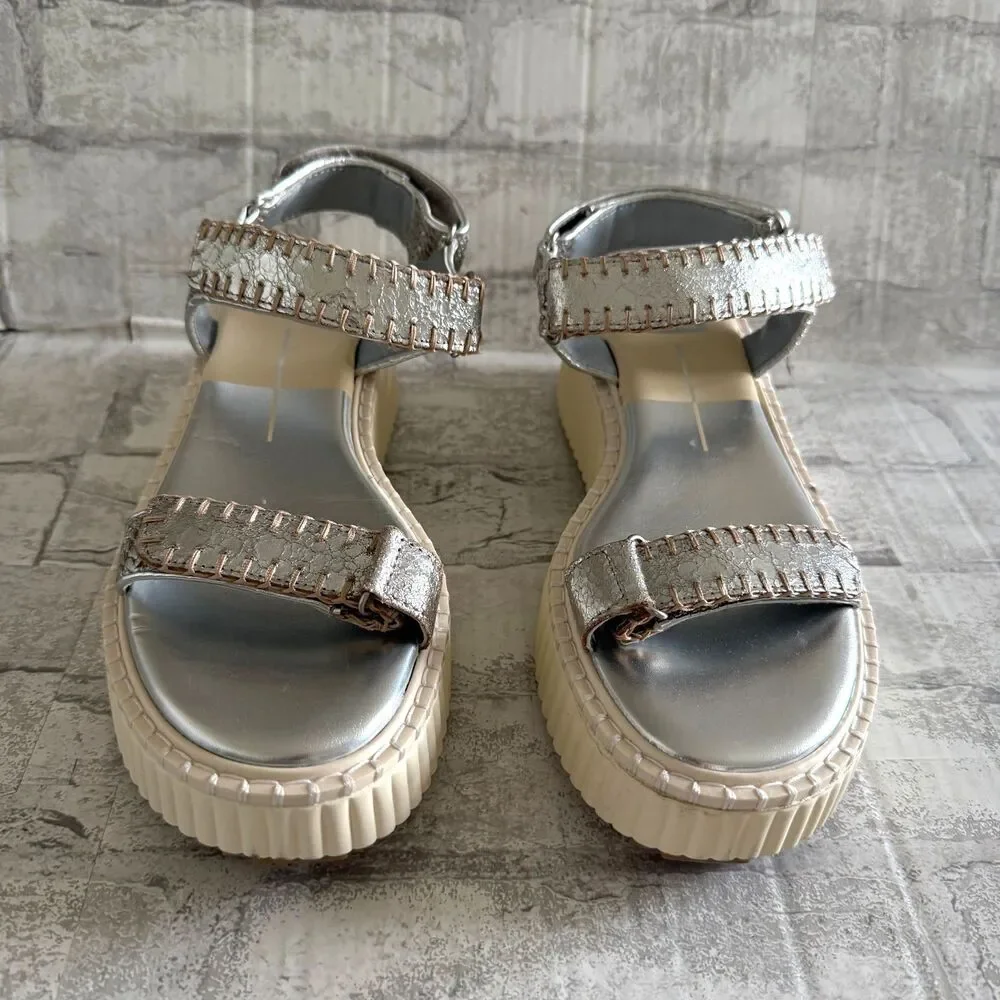 Dolce Vita Debra Silver Leather Whipstitch Chunky Platform Slingback Sandal Sz 9 - Picture 3 of 7